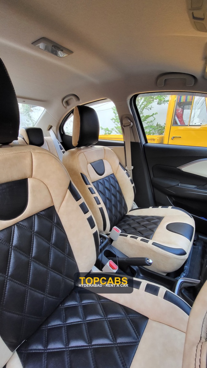 Watermarked TopCabs Swift Dzire front cabin interior for Hyderabad cab rental