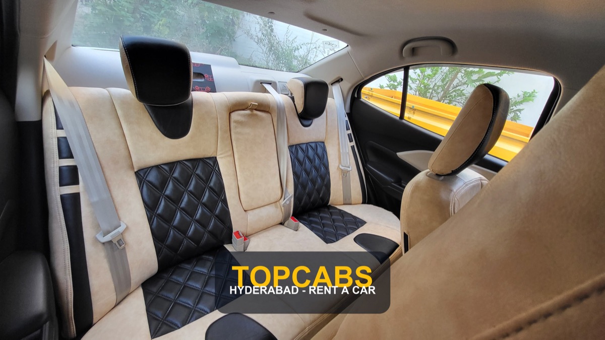 Watermarked TopCabs Swift Dzire rear seating interior for Hyderabad cab rental